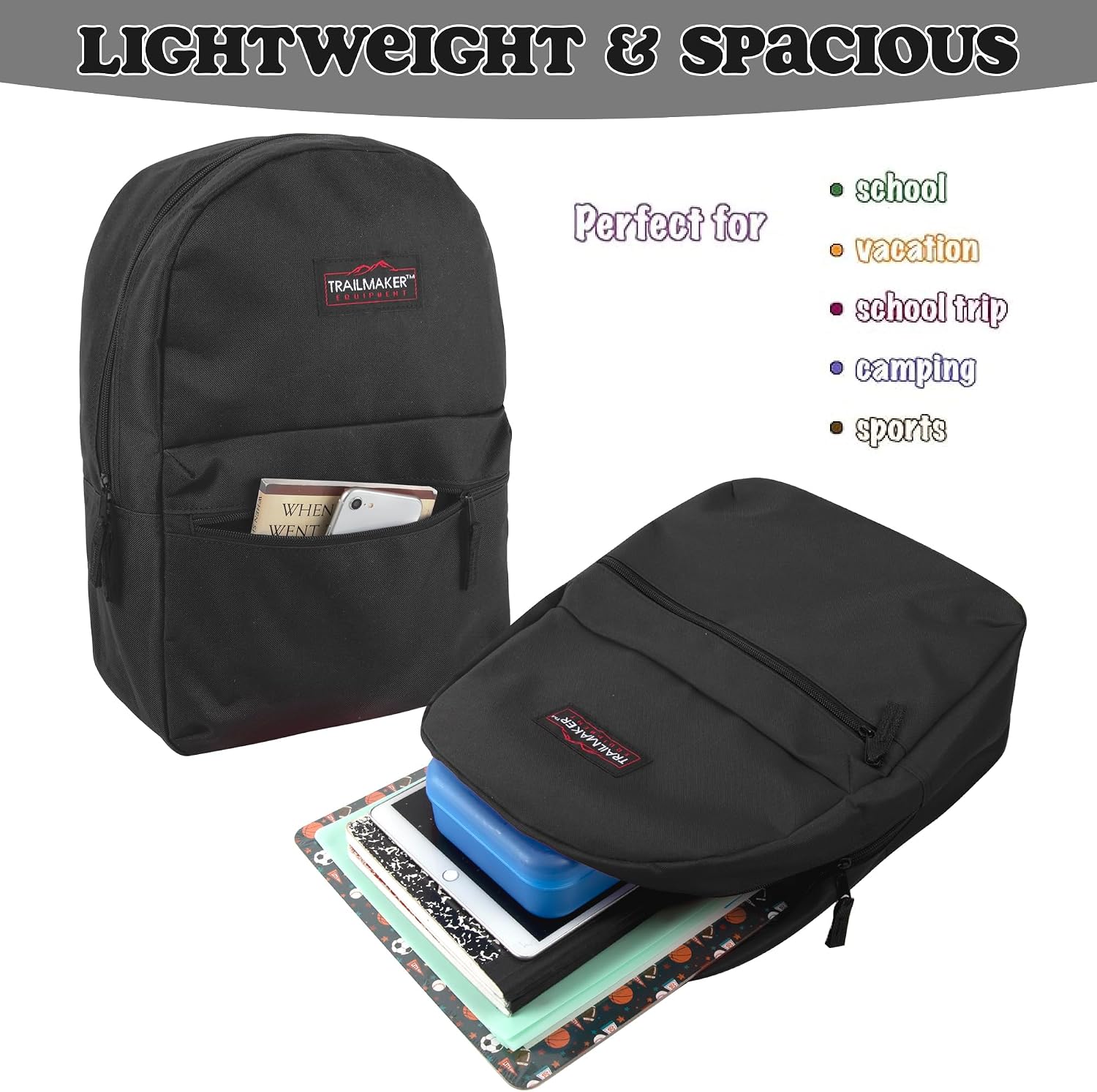 Trail maker Classic 17 inch Backpacks with Adjustable Padded Straps | School Backpacks for Girls, Boys (Black) - Image 3