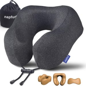 napfun Neck Pillow for Travel, Memory Foam Airplane Pillow, Full Black